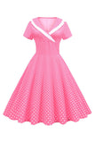 Roze Polka Dots V-hals Korte Mouwen 1950s Jurk