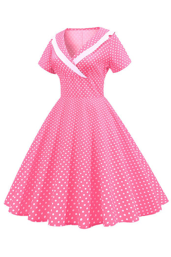 Roze Polka Dots V-hals Korte Mouwen 1950s Jurk