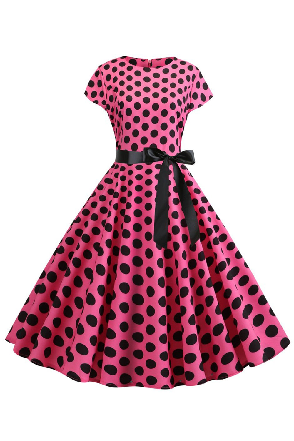 Roze Zwarte Polka Dots Cap Mouwen 1950s Jurk