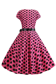 Roze Zwarte Polka Dots Cap Mouwen 1950s Jurk