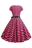 Roze Zwarte Polka Dots Cap Mouwen 1950s Jurk