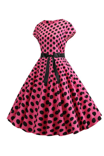 Roze Zwarte Polka Dots Cap Mouwen 1950s Jurk