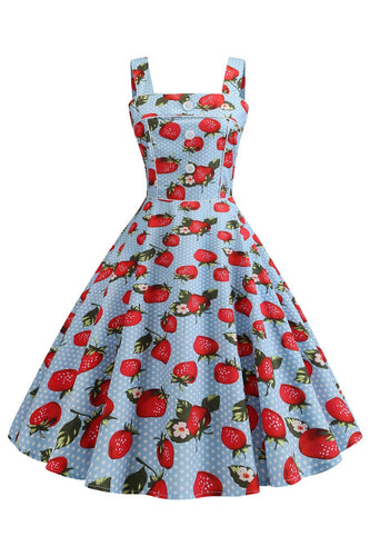 Strawbarries bedrukte blauwe mouwloze jurk uit de jaren 1950