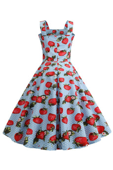 Strawbarries bedrukte blauwe mouwloze jurk uit de jaren 1950