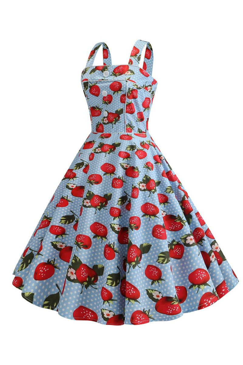 Afbeelding in Gallery-weergave laden, Strawbarries bedrukte blauwe mouwloze jurk uit de jaren 1950