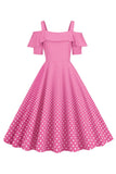 Koude Schouder Polka Dots Roze Jaren 1950 Jurk