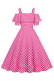 Koude Schouder Polka Dots Roze Jaren 1950 Jurk