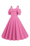 Koude Schouder Polka Dots Roze Jaren 1950 Jurk