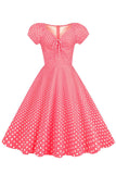 Roze Rode Polka Dots Pofmouwen 1950s Jurk
