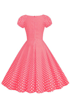 Roze Rode Polka Dots Pofmouwen 1950s Jurk