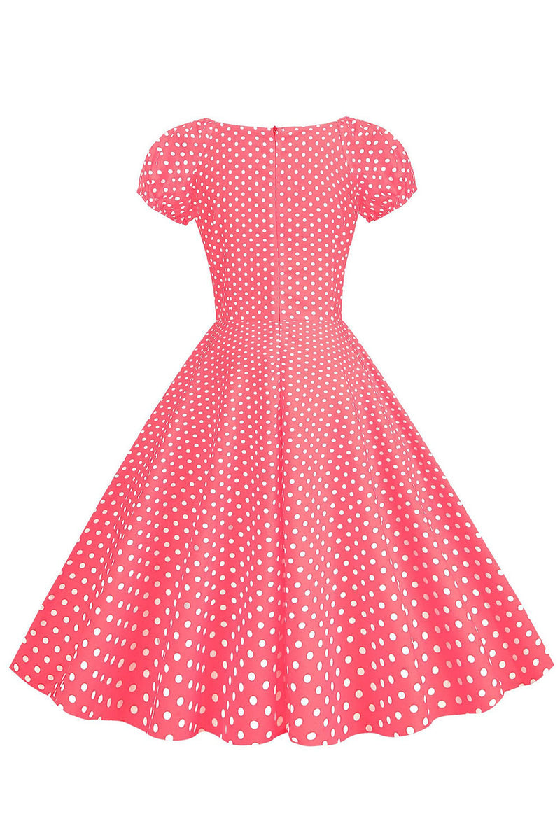 Afbeelding in Gallery-weergave laden, Roze Rode Polka Dots Pofmouwen 1950s Jurk