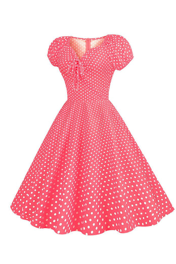 Roze Rode Polka Dots Pofmouwen 1950s Jurk