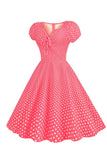 Roze Rode Polka Dots Pofmouwen 1950s Jurk