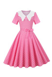 Roze Polka Dot Korte Mouwen Peter Pan Vintage Jurk