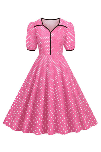 Roze korte mouwen polka dots jaren 1950 jurk