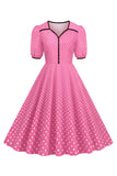 Roze korte mouwen polka dots jaren 1950 jurk