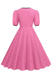 Roze korte mouwen polka dots jaren 1950 jurk