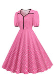 Roze korte mouwen polka dots jaren 1950 jurk