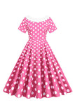 Roze stippen boothals jaren 1950 jurk met bowknot