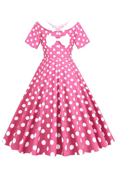 Roze stippen boothals jaren 1950 jurk met bowknot