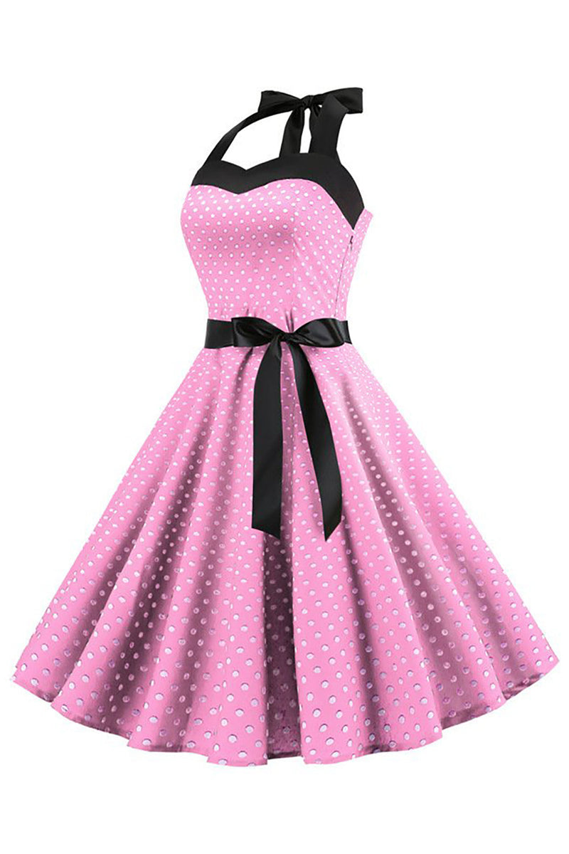 Afbeelding in Gallery-weergave laden, Roze stippen Halter jaren 1950 jurk met strik