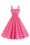 Roze Polka Dots Een lijn gesmokte jaren 1950 jurk