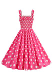 Roze Polka Dots Een lijn gesmokte jaren 1950 jurk