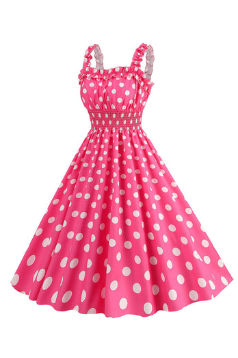 Roze Polka Dots Een lijn gesmokte jaren 1950 jurk