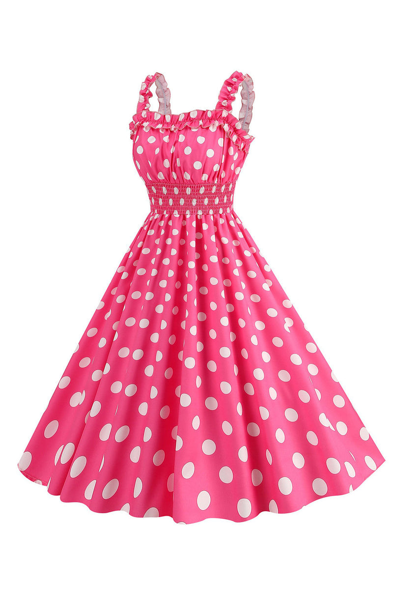 Afbeelding in Gallery-weergave laden, Roze Polka Dots Een lijn gesmokte jaren 1950 jurk