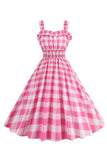 Roze Plaid A Line Smocked 1950s Jurk