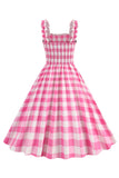 Roze Plaid A Line Smocked 1950s Jurk