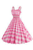 Roze Plaid A Line Smocked 1950s Jurk