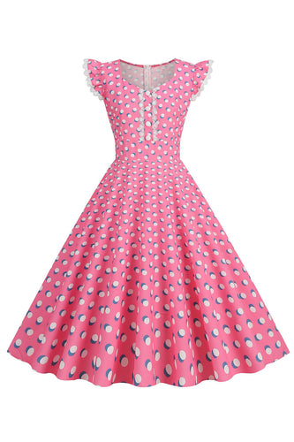 Een lijn roze stippen flutter mouwen vintage jurk