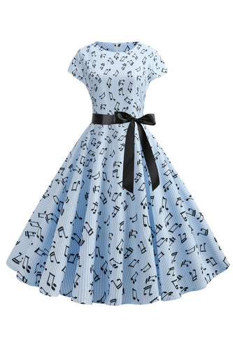 Lichtblauw bedrukte cap mouwen jaren 1950 jurk