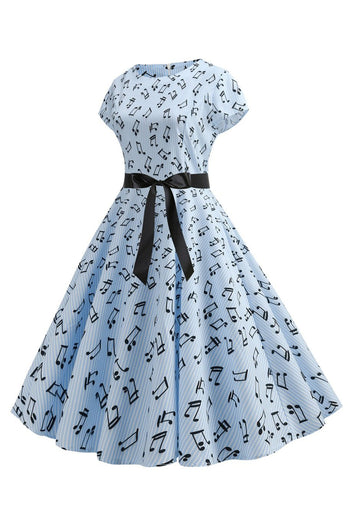Lichtblauw bedrukte cap mouwen jaren 1950 jurk