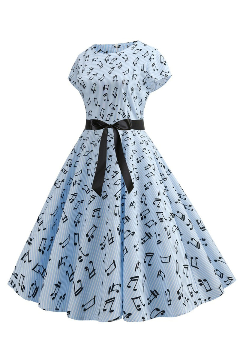 Afbeelding in Gallery-weergave laden, Lichtblauw bedrukte cap mouwen jaren 1950 jurk