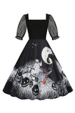 Zwarte A Line Halloween Print Vintage Jurk