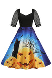Zwarte A Line Halloween Print Vintage Jurk