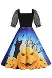 Zwarte A Line Halloween Print Vintage Jurk