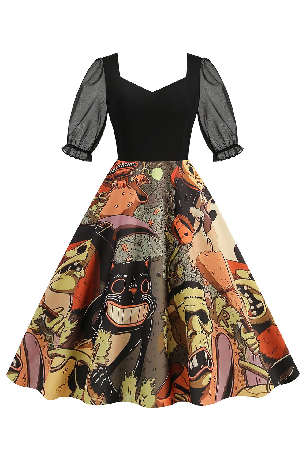 Zwarte A Line Halloween Print Vintage Jurk