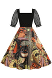 Zwarte A Line Halloween Print Vintage Jurk