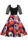 Zwarte A Line Halloween Print Vintage Jurk