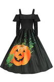 Halloween Pompoen Print Zwarte Koude Schouder VIntage Jurk