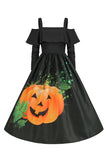 Halloween Pompoen Print Zwarte Koude Schouder VIntage Jurk