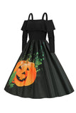 Halloween Pompoen Print Zwarte Koude Schouder VIntage Jurk