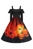 Halloween Pompoen Print Zwarte Koude Schouder VIntage Jurk