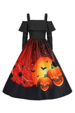 Halloween Pompoen Print Zwarte Koude Schouder VIntage Jurk