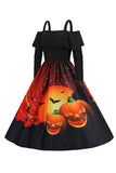 Halloween Pompoen Print Zwarte Koude Schouder VIntage Jurk