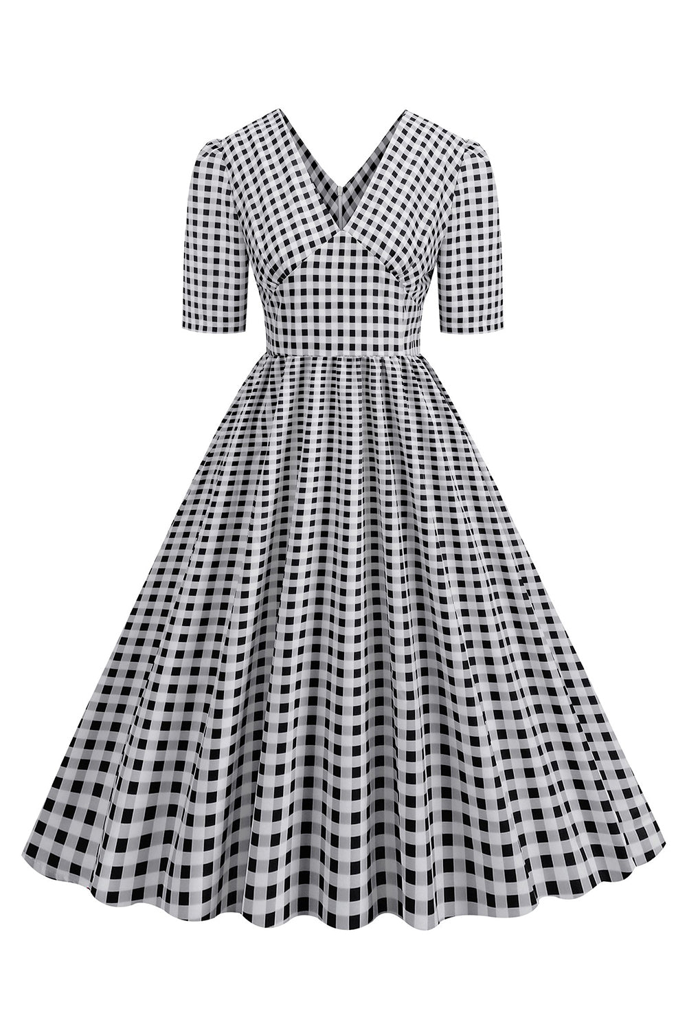 Zwarte geruite V-hals korte mouwen 1950s jurk