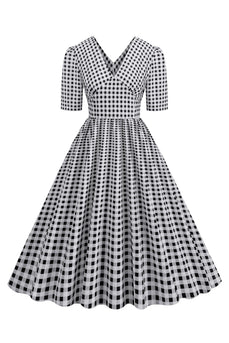 Zwarte geruite V-hals korte mouwen 1950s jurk